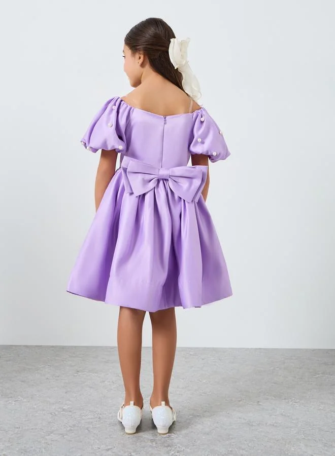 Take Two  Girls Purple Satin Puff Sleeve Faux Pearls Detail Dress for Women | Best Price UAE